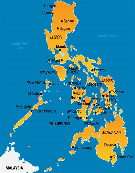 Karte der Philippinen mit Hervorhebung von Luzon, Cebu und Boracay.