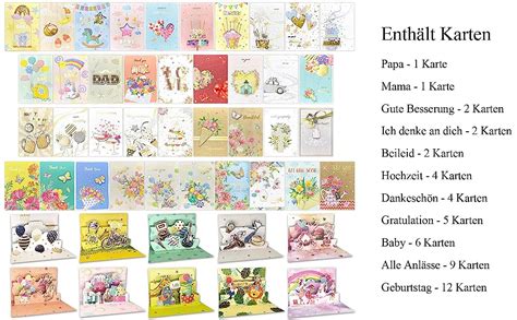Collage mit verschiedenen Grußkarten für Anlässe wie Geburt, Hochzeit, Geburtstag und Feiertage