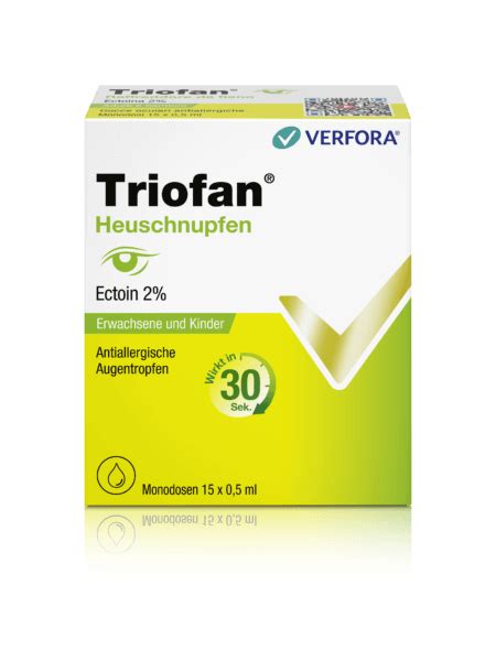 Nahaufnahme von Triofan Heuschnupfen Augentropfen-Fläschchen und Einzelverpackungen
