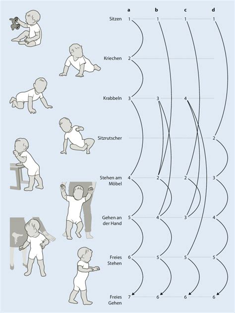 Schema der motorischen Entwicklung von Babys im ersten Lebensjahr, mit Fokus auf Greifreflexe und gezieltes Greifen.
