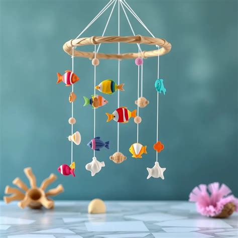 Ein farbenfrohes Mobile mit verschiedenen Figuren schwebt über einem Babybett.