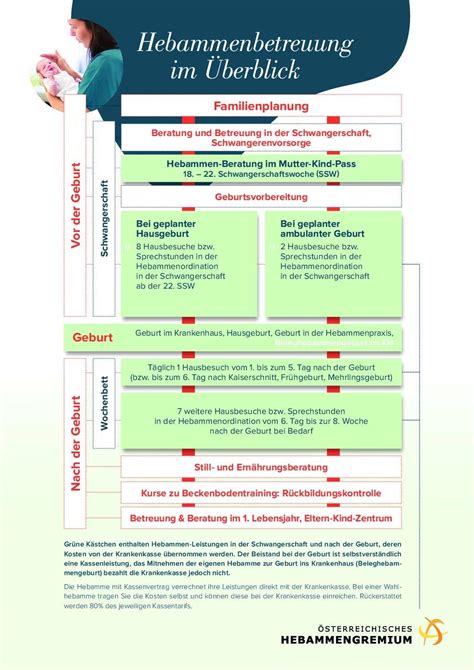 Infografik, die die verschiedenen Leistungen einer Hebamme während Schwangerschaft, Geburt und Wochenbett darstellt