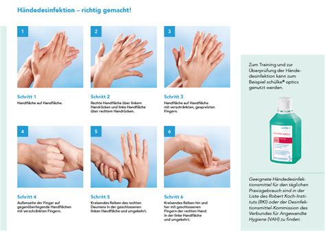 Schema zur korrekten Händedesinfektion vor dem Anlegen von Handschuhen