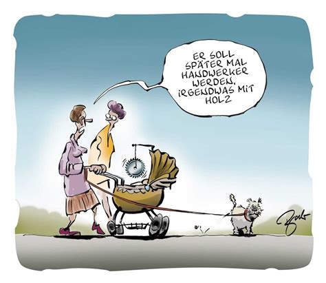 Karikatur eines übermüdeten Elternpaares mit einem Baby, das lacht