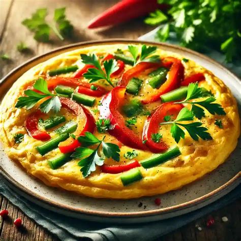 Fertig zubereitetes Gemüse-Omelett auf einem Teller, garniert mit Petersilie