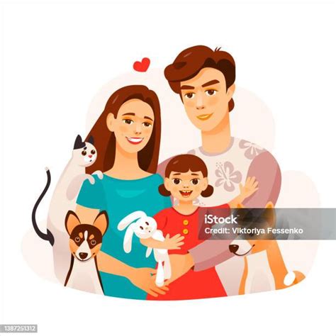 Illustration von Eltern mit einem Baby, die sich um das Kind kümmern
