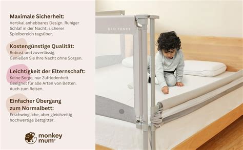 Illustration eines Monkey Mum® Rausfallschutzgitters, das an einem Bett montiert ist.
