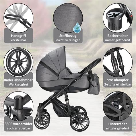 Illustration des Bergsteiger Rio Kombikinderwagens mit Babywanne und Sportsitz