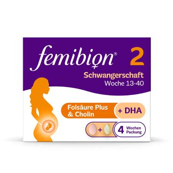 Schema, das den empfohlenen Einnahmezeitpunkt von Femibion 2 (ab 13. SSW) und die Zusammensetzung (Tablette + Kapsel) darstellt.