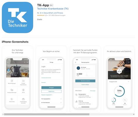 Screenshot der TK-App mit den verschiedenen Servicebereichen