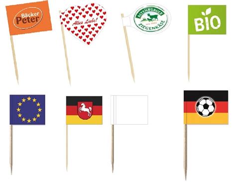 Illustration verschiedener Arten von Zahnstocherfähnchen mit unterschiedlichen Designs und Verwendungszwecken.