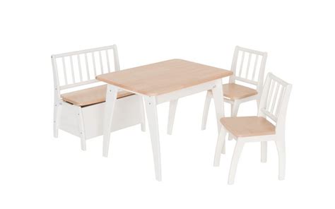 Geuther Kalle Sitzgruppe im Detail: Tisch, Sitzbank mit Truhe und zwei Stühle aus Massivholz