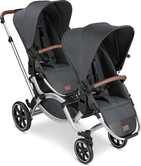 Illustration einer Familie mit einem Geschwisterwagen, der zwei Kinder transportiert