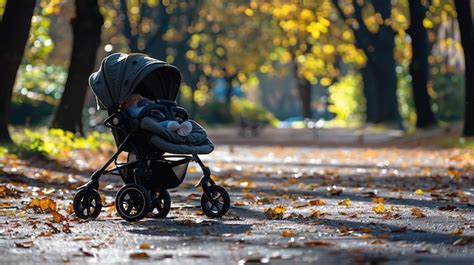Ein lächelndes Baby in einem modernen MOON Kinderwagen auf einem sonnigen Parkweg.