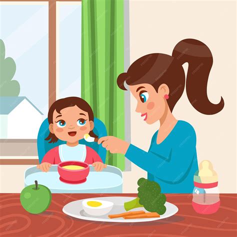 Illustration einer jungen Mutter, die mit einem Thermomix Babybrei zubereitet.
