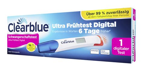 Darstellung der verschiedenen Clearblue Schwangerschaftstests und ihrer Verpackungen.