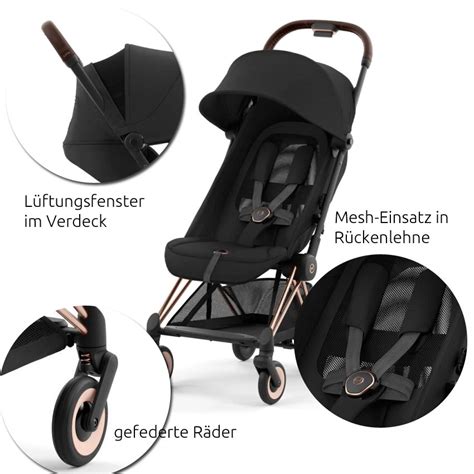 Schema, das die verschiedenen Sicherheitselemente und Komfortmerkmale des Cybex Aton zeigt, einschließlich der verstellbaren Kopfstütze und des Sonnendachs.