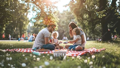 Familie genießt ein Picknick im schattigen Waldspielpark