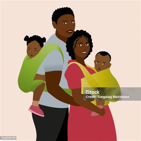 Illustration einer Familie, die verschiedene Babytragen verwendet