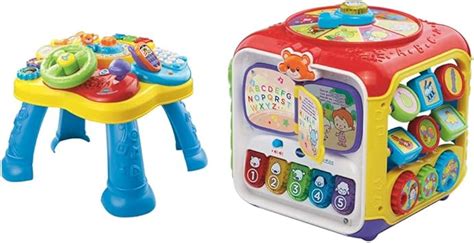 Ein bunter Baby Spieltisch mit verschiedenen musikalischen und motorischen Elementen.