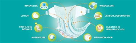 Infografik, die den Aufbau einer Pampers Höschenwindel mit den verschiedenen Schichten und Materialien erklärt