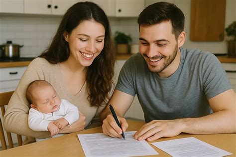 Foto einer Familie mit Neugeborenem, die sich über Elterngeld informiert