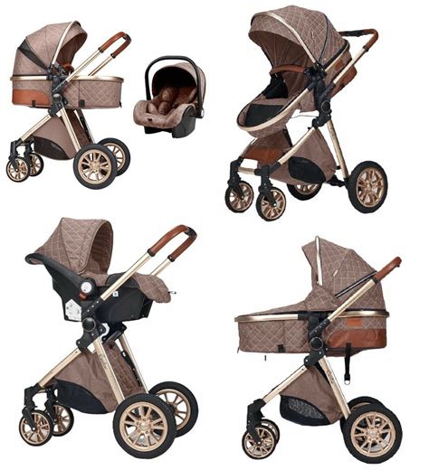 Design eines Casiloo Kinderwagens in Khaki mit goldfarbenem Gestell