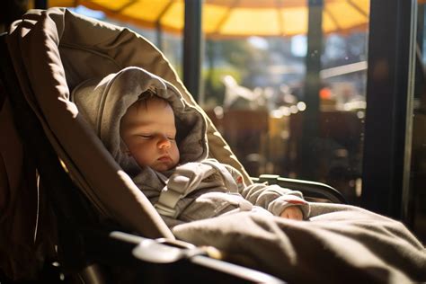 Illustration eines Babys, das sicher und aufrecht in einem Sportsitz sitzt, mit Erläuterung der Vorteile wie verstellbare Rückenlehne und Stabilität.