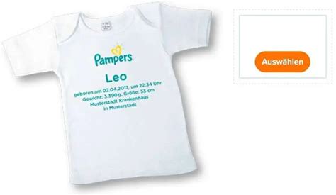 Design eines personalisierten Pampers T-Shirts mit Platzhaltern für Name und Geburtsdatum