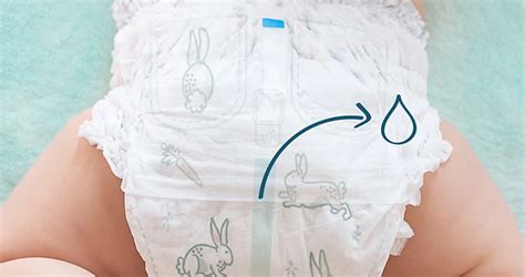 Illustration eines Pampers Harmonie Windel mit hervorgehobenen Klettverschlüssen, elastischen Beinbündchen und dem Urin-Indikator