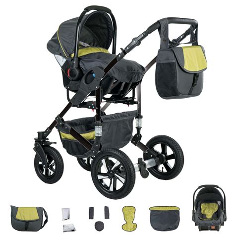 Übersicht verschiedener Kinderwagen-Ersatzteile und Zubehörteile.