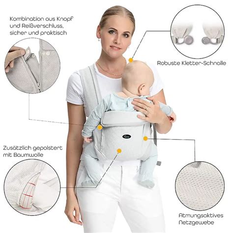 Detailansicht der Babytrage mit aufgestelltem Tragegriff und Haube