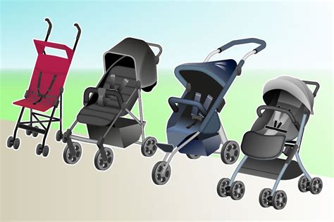 verschiedene Modelle von Kinderwagen und Buggys für unterschiedliche Terrains