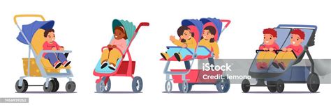 Illustration, die die Entwicklung von einfachen Kinderwagen zu modernen Sportkinderwagen mit verschiedenen Funktionen zeigt (z.B. drehbarer Sitz).