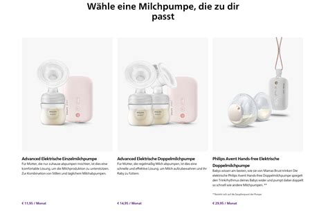 Übersicht der technischen Spezifikationen für die Philips Avent Milchpumpen