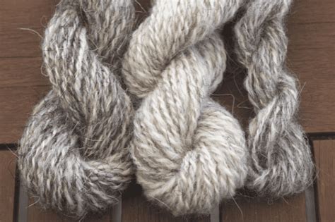 Die drei Garne aus dem ersten Versuch: links aus gemeinsam verarbeiteten Fasern, in der Mitte nur aus Unterwolle, rechts aus den Deckhaaren