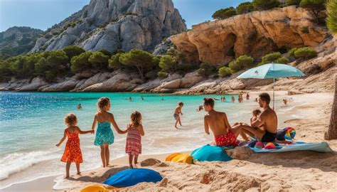 Sonniger Strand auf Mallorca mit spielenden Kindern