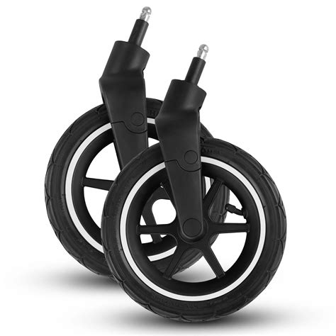 Schema der unterschiedlichen Radtypen an einem Kinderwagen: Luftrad, Vollgummi-Rad, Schwenkrad, festes Rad