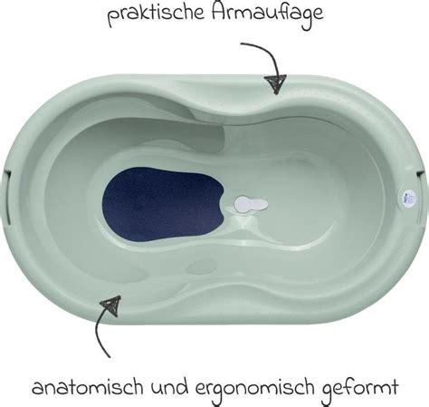 Illustration eines voll ausgestatteten 7-teiligen Babybadewannen-Sets mit allen abgebildeten Komponenten.