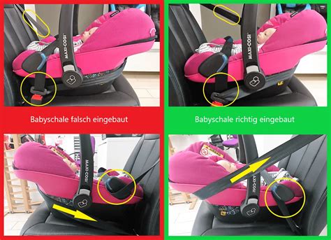 Schematische Darstellung der ISOFIX-Installation einer Babyschale mit farbigen Indikatoren.