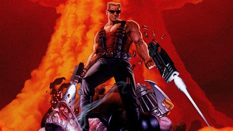 Ein Bild des ikonischen Charakters Duke Nukem mit Zigarre und zwei Frauen an seiner Seite