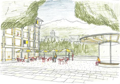 Skizze des Park Platz Zürich mit geplanten Elementen wie Pergola, Brunnen und Café.