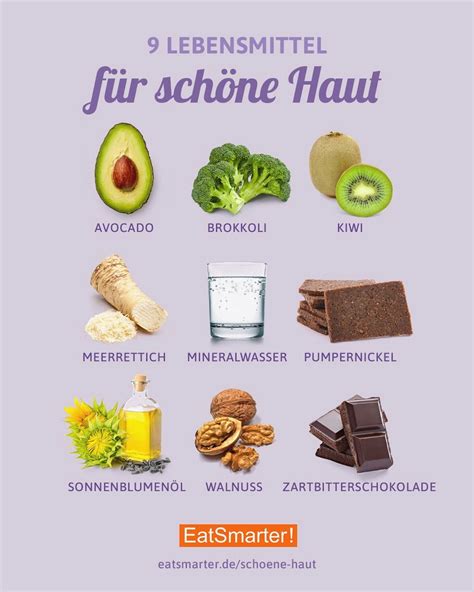 Infografik, die gesunde Lebensmittel und stressreduzierende Aktivitäten für reine Haut zeigt.