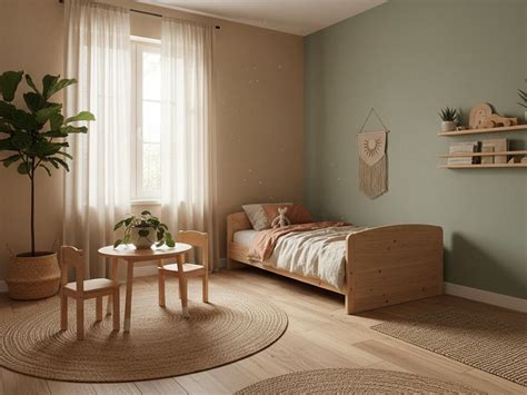 Illustration eines Kinderzimmers mit Möbeln aus hellem Massivholz, die eine warme und einladende Atmosphäre ausstrahlen.