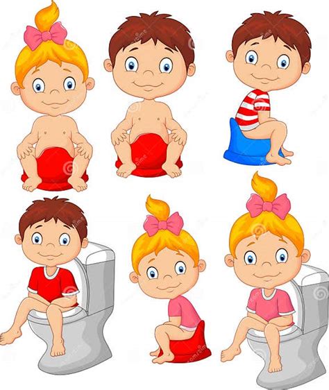 Illustration von Kindern, die auf dem Töpfchen sitzen und von Eltern ermutigt werden.