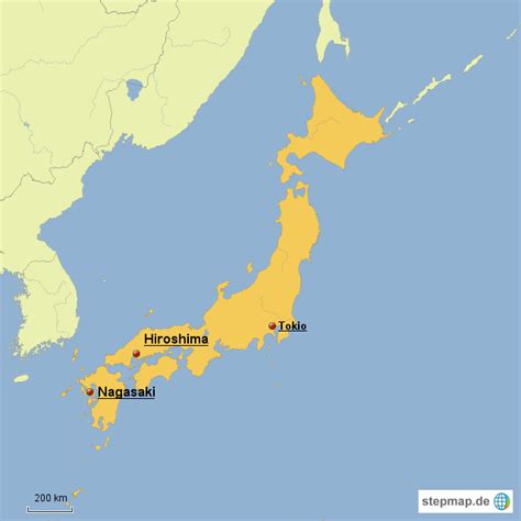 Karte von Japan mit den Städten Hiroshima und Nagasaki