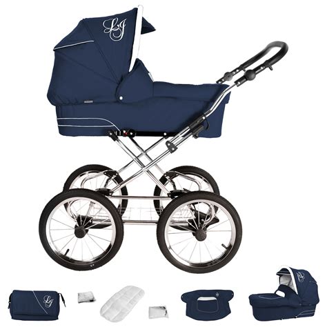 Illustration eines modernen Kinderwagens mit Babywanne und Zubehör