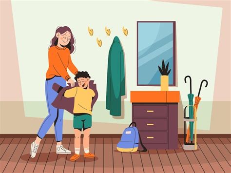 Illustration eines Kindes, das mit seinen Eltern beim Anziehen diskutiert
